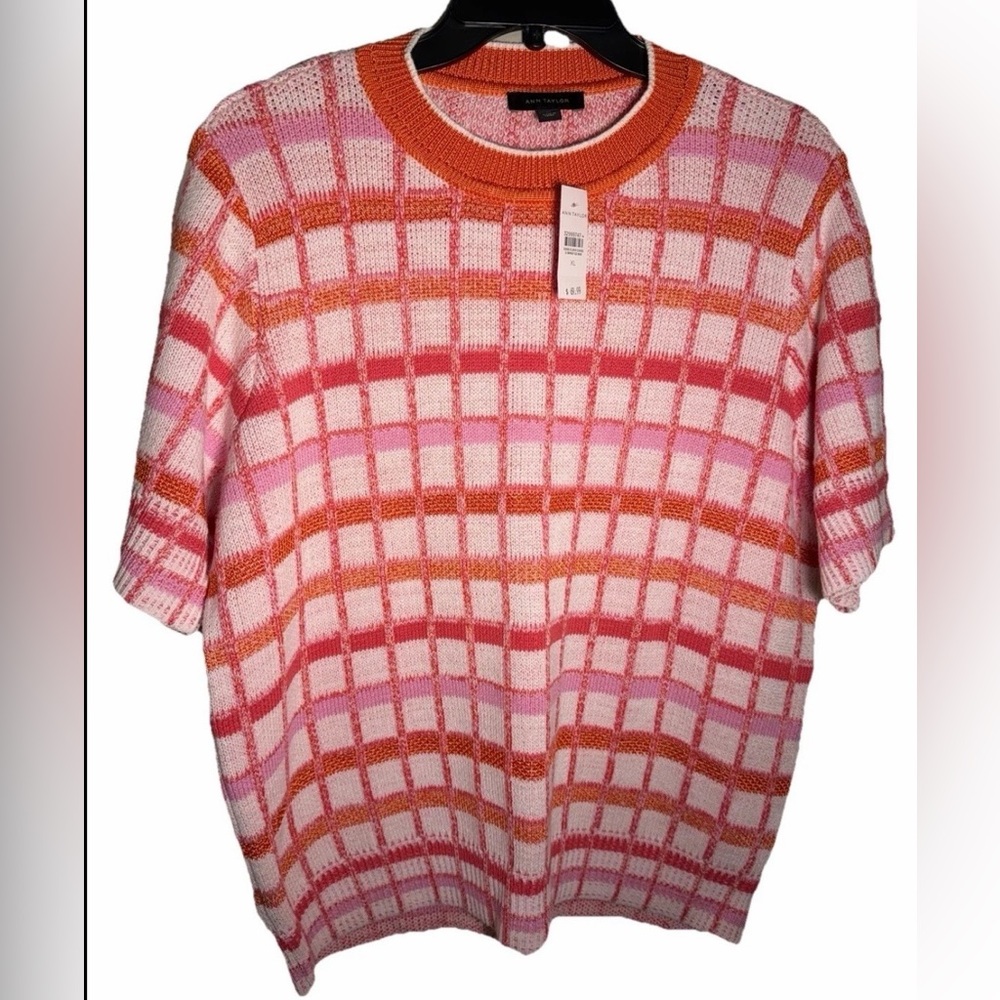 NEW Ann Taylor Vibrant Knit Top in Pink and Orange, Short Sleeve Size XL
